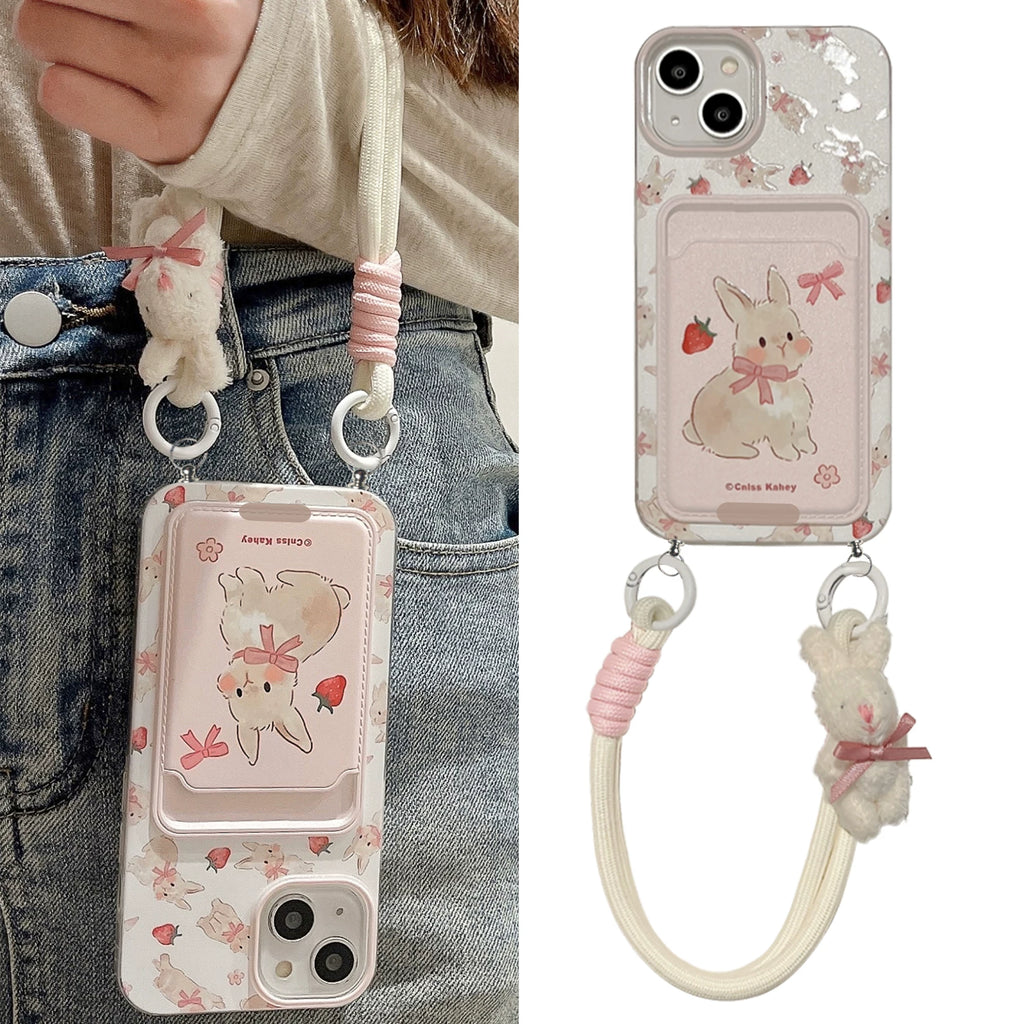 兔子結草莓卡包適用蘋果15PROMAX手機殼14PLUS防摔IPHONE17/16PRO掛繩女13/12/11全包XR/XS矽膠6/7/8P保護套