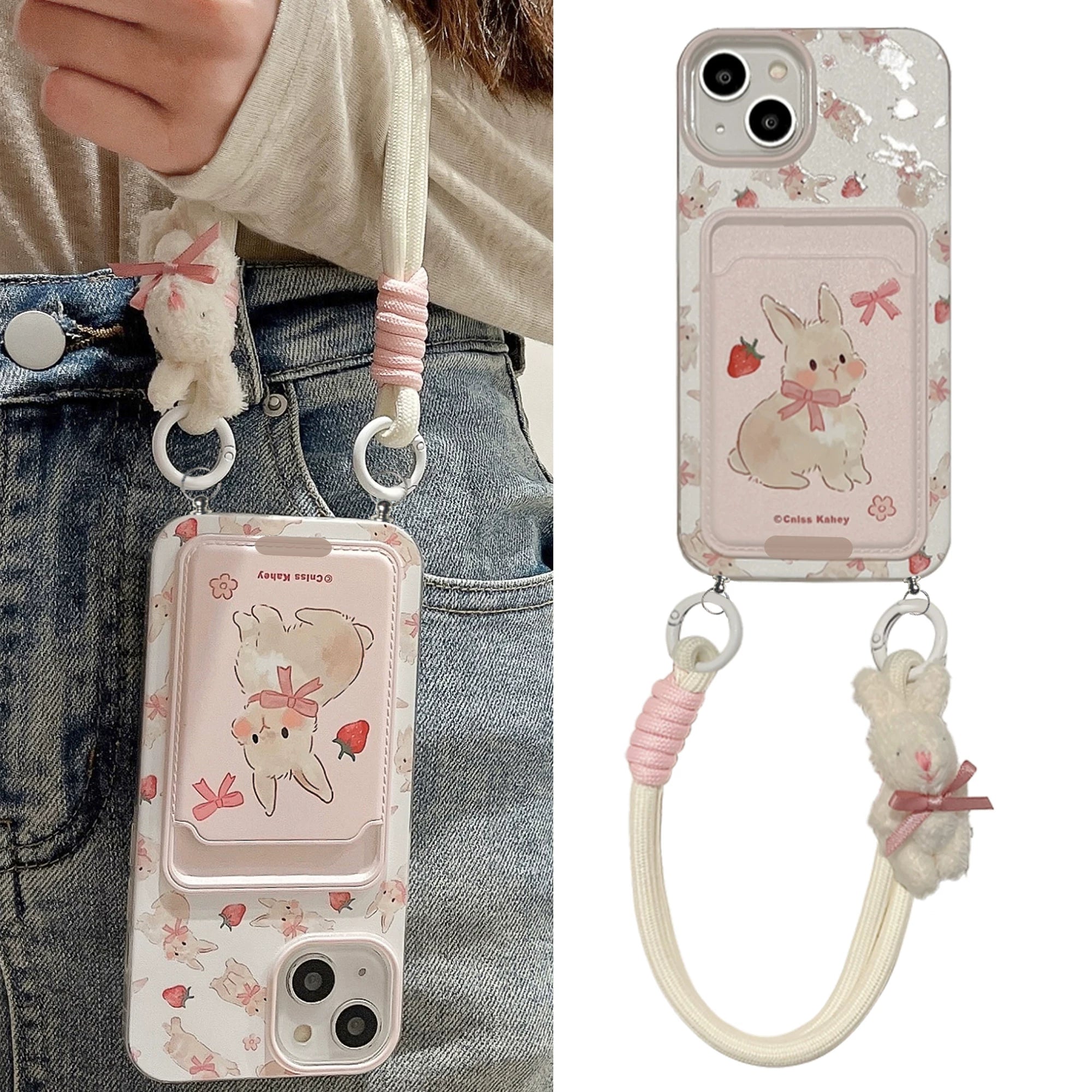 兔子結草莓卡包適用蘋果15PROMAX手機殼14PLUS防摔IPHONE17/16PRO掛繩女13/12/11全包XR/XS矽膠6/7/8P保護套