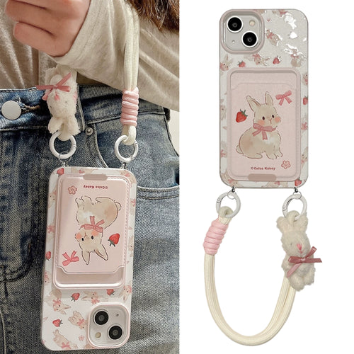 兔子結草莓卡包適用蘋果15PROMAX手機殼14PLUS防摔IPHONE17/16PRO掛繩女13/12/11全包XR/XS矽膠6/7/8P保護套